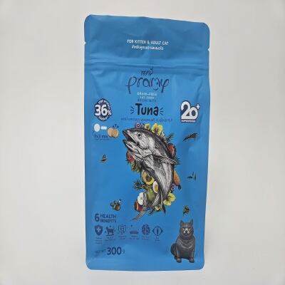 sac de 300 g avec laminage mat bleu et fermeture rechargeable pour aliment pour animaux de compagnie à base de thon