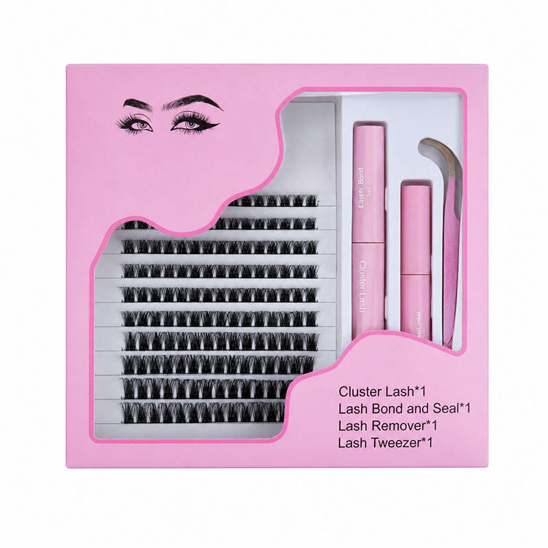 SJ LASHES Wholesale DIY Eyelash Full Set Packaging Custom Pink Lash Clusters Box with Bond Seal Remover and Applicator Tweezer Kit OEM