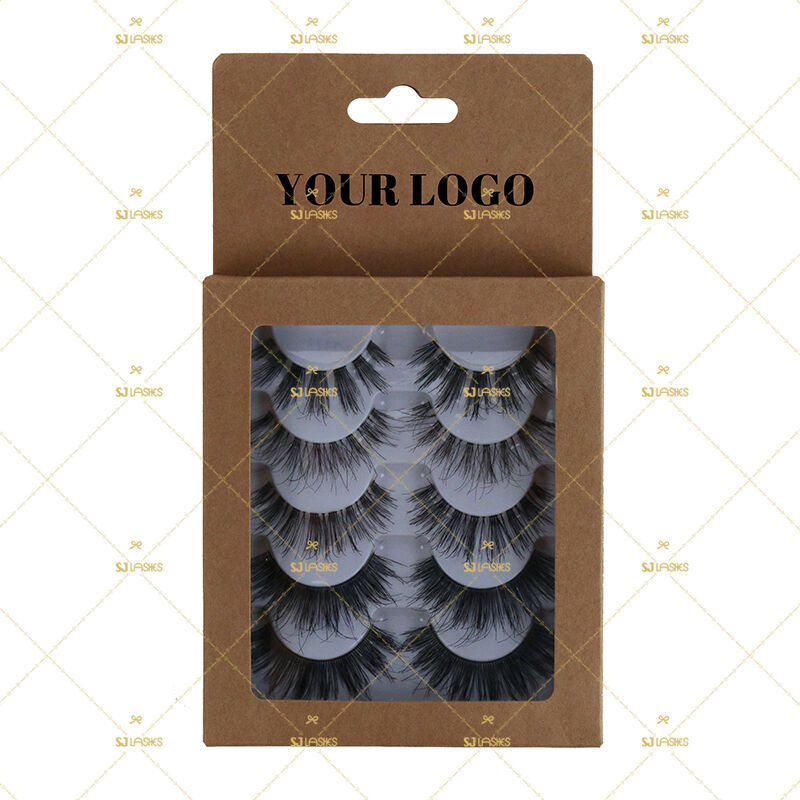 SJ LASHES Factory Wholesale Eco-Friendly Kraft Paper 5-Pair Eyelash Packaging Box | Custom Logo Multi-Pack Hanging Display Case