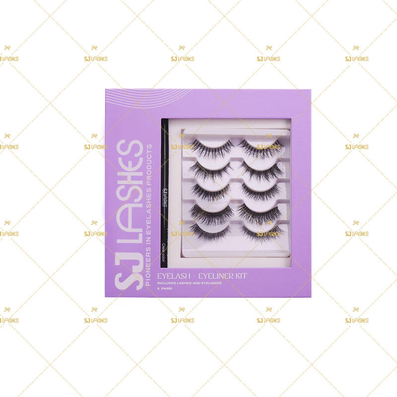 SJ LASHES Factory Wholesale Luxury Purple Magnetic Eyelash Kit Box with Mirror | 5 Pair Lashes + Eyeliner Pens Gift Set OEM