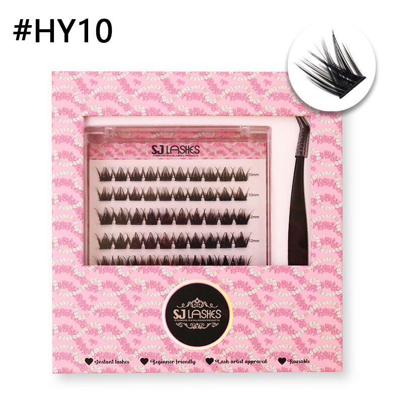 SJ LASHES DIY Self-Adhesive Cluster Lash Kit: 5-Row Silky-Soft Segments with Tweezer - Pink Chic Pattern Edition