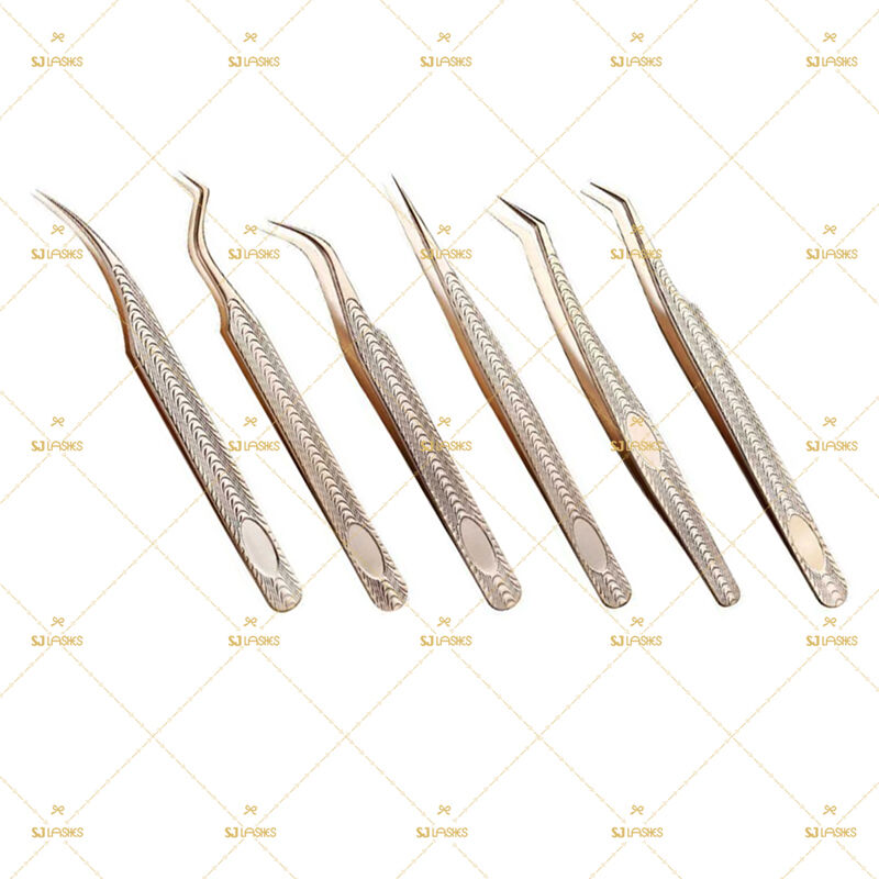 Ergonomic 6-Piece Diamond-Pattern Gold Tweezer Set (High Precision)