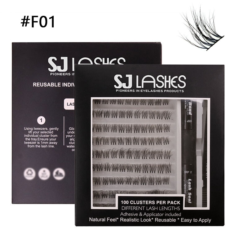 SJ LASHES DIY Cluster Lash Kit: 100 Fluffy Volume Clusters with Bond & Seal and Tweezer - Sleek Matte Black Edition