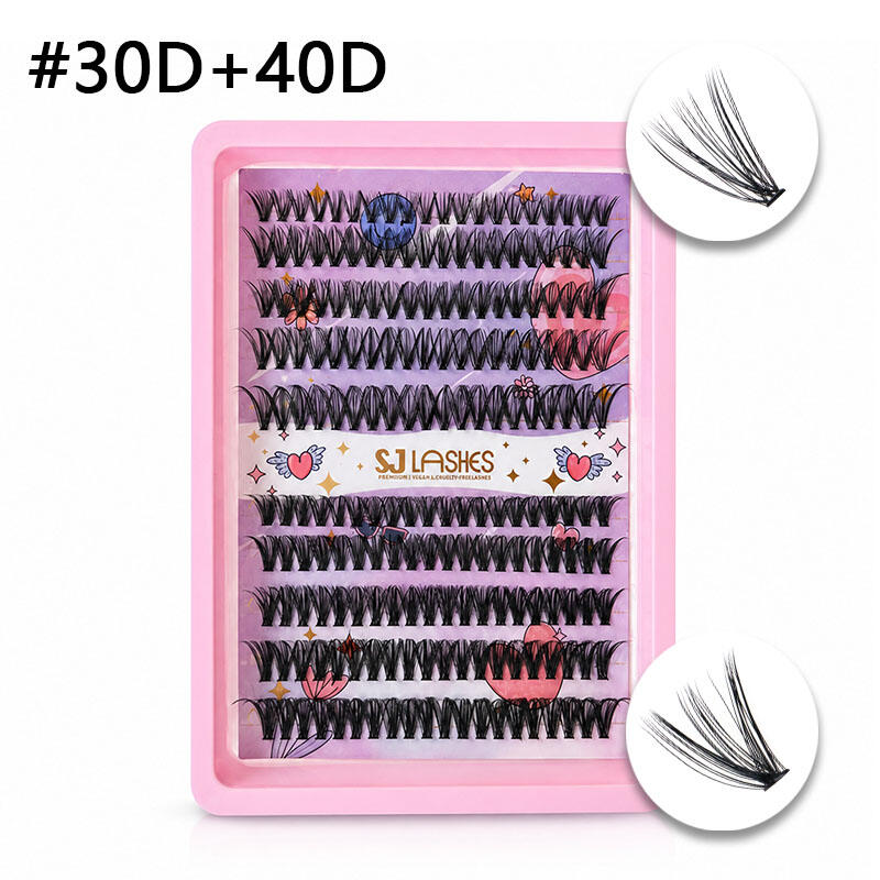 SJ LASHES DIY Self-Adhesive Lash Kit: 10-Row Heat-Bonded Upper & Lower Clusters - Pink Heart Gold Foil Edition