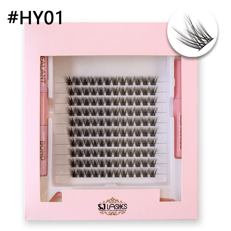 SJ LASHES DIY Cluster Lash Kit: 10-Row Hybrid Textured Clusters with Bond, Seal, Remover and Tweezer - Soft Pink Paper Edition