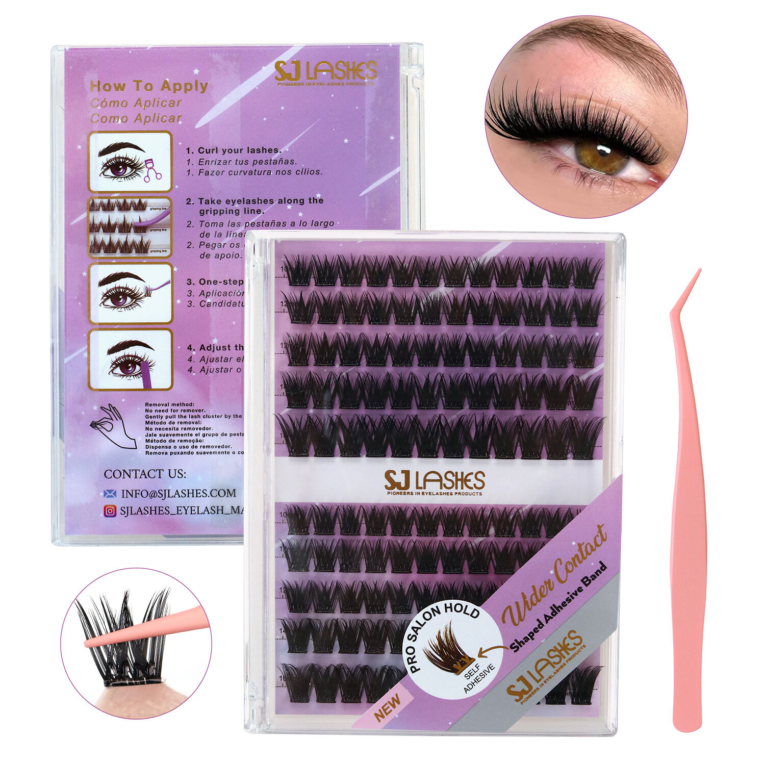 SJ LASHES DIY W-Shape Cluster Lash Kit: 10-Row Wide-Base Pre-Glued Clusters with Tweezer - Purple Professional Edition