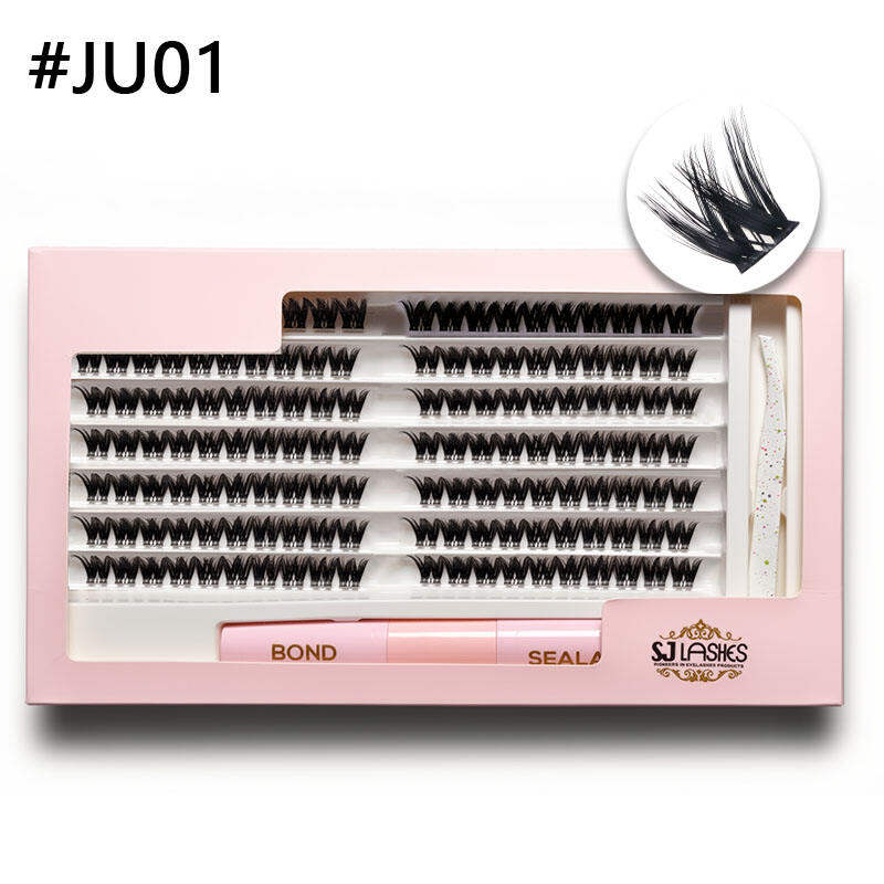 SJ LASHES DIY Cluster Lash Kit: 14-Row Jungle Wispy Clusters with Bond & Seal and Tweezer - Elegant Soft Pink Edition
