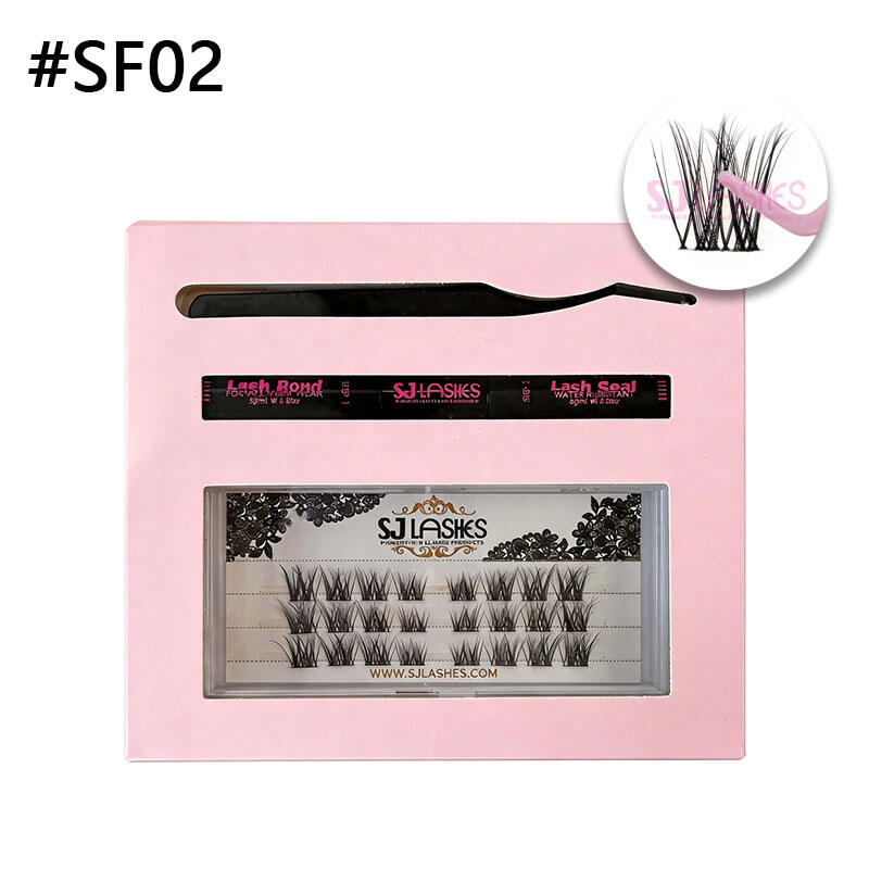 SJ LASHES DIY Cluster Lash Kit: 3-Row Natural SF Clusters with Bond & Seal and Tweezer - Soft Pink Paper Edition