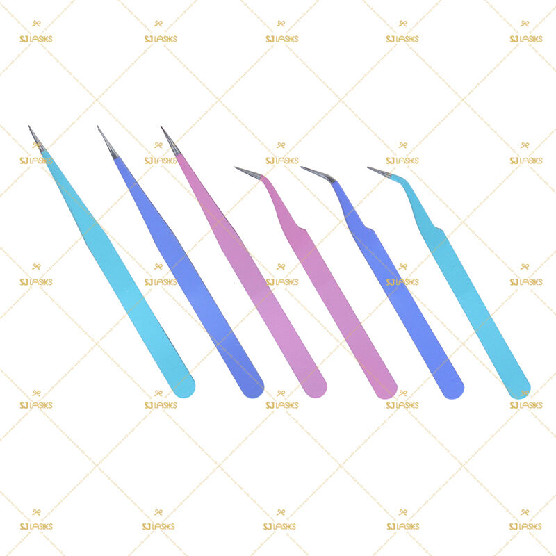 Value 6-Piece Colored Eyelash Extension Tweezer Set (Blue, Purple, Pink)