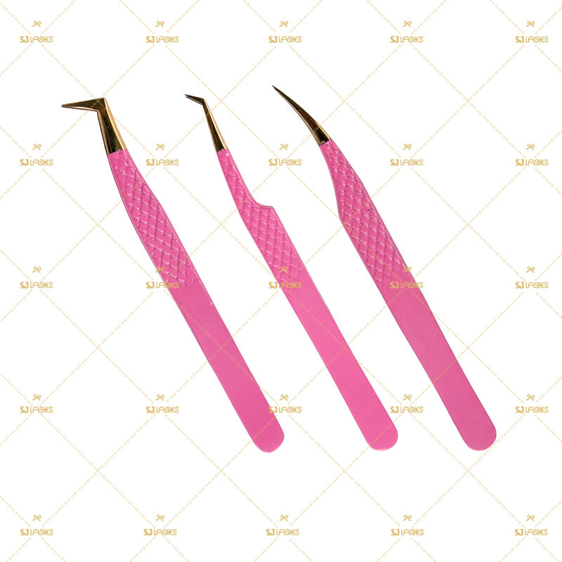 Tatak na 3-Piraso Rosas na Hugpong ng Lash Tweezer (Tapusin sa Matte)