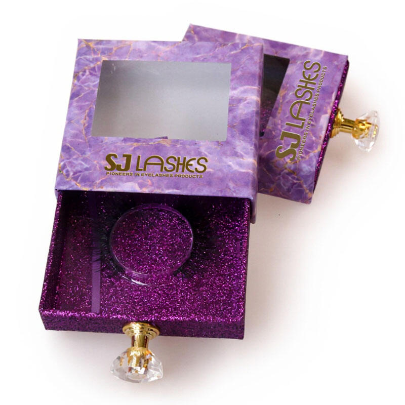 SJ LASHES Factory Wholesale Luxury Purple Marble Eyelash Drawer Box | Custom Gold Stamping Glitter Specialty Paper Lash Case with Crystal Handle OEM/ODM