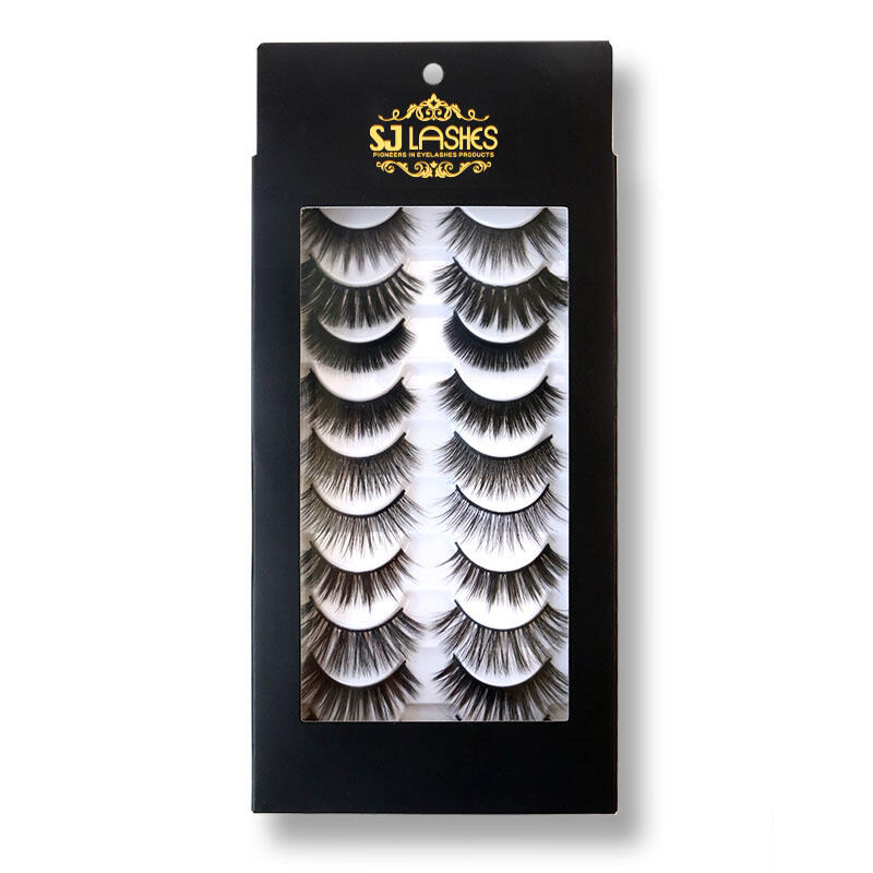SJ LASHES Factory Wholesale Classic Black 10 Pairs Eyelash Packaging Box | Custom Printed Logo Multi-pair Lash Case with Window & Hanging Hole OEM/ODM