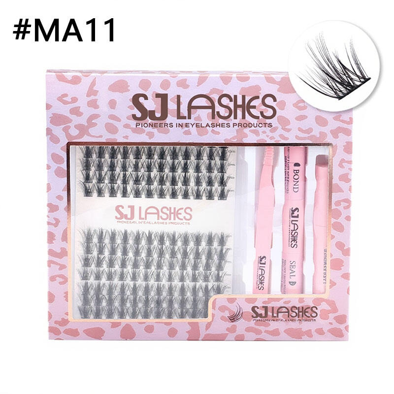 SJ LASHES DIY Cluster Lash Kit: 14-Row Manga Spiky Clusters with Bond, Seal, Remover and Tweezer - Pink Leopard Edition