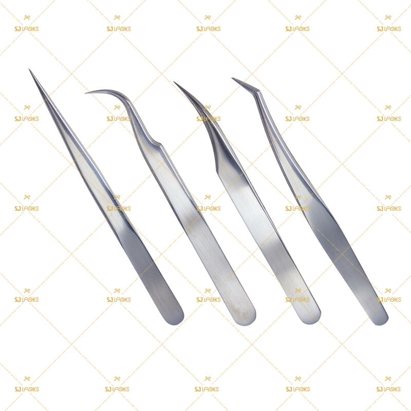 Essential 4-Piece Classic Eyelash Extension Tweezer Kit (Silver Stainless Steel)