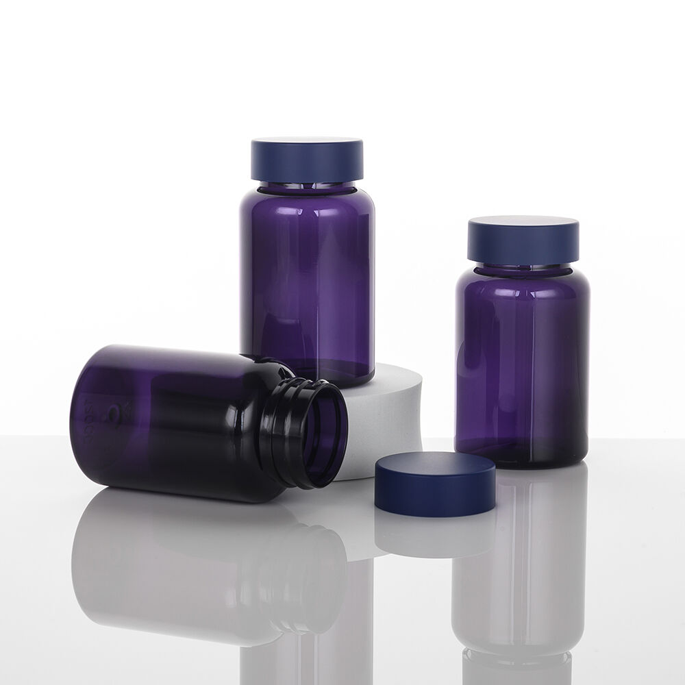 120cc na Transparente at Purple na PET Plastic na Bote, Sandblasted na Blue-Purple na Takip na may Sukat na 38mm, Bote para sa Pag-iimbak ng Pil