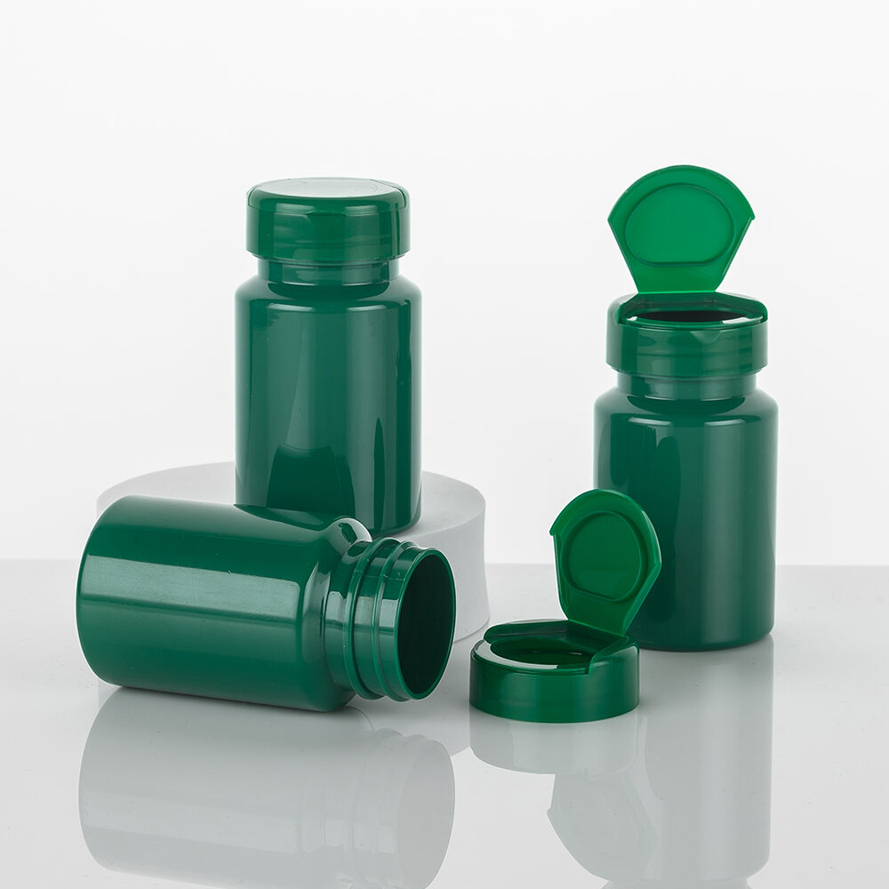 100cc na Berde na PET Plastic na Bote para sa Pil, May Sloped Shoulder, Flip Top Cap, Lalagyan ng Gamot