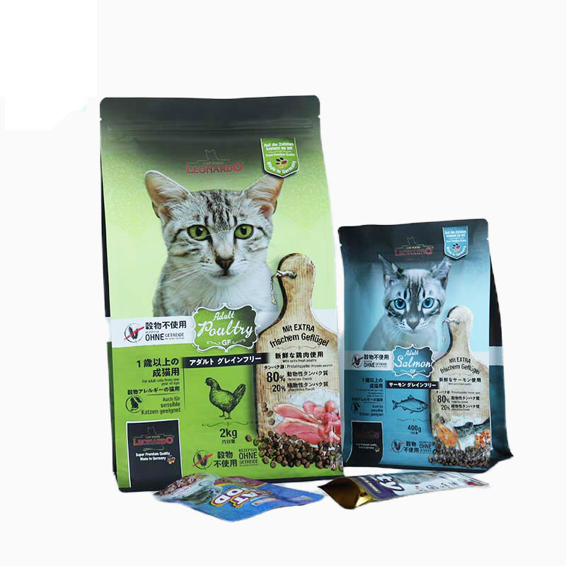 Custom Composite Plastic Material Pet Food Packaging Bag Dog Food Cat Food 60g 400g 2kg Flat Bottom Bag With Zipper   