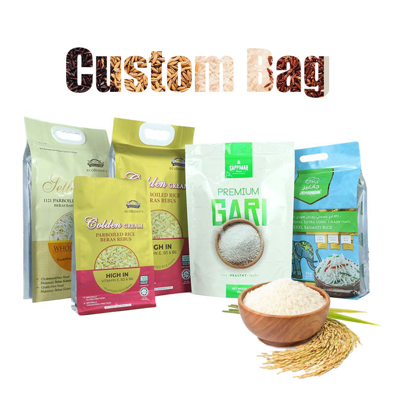 2kg 5kg 10kg Custom Printed Resealable Poly Plastic Food Storage Bag Moisture Proof Vacuum Stand up Pouch For Rice Packaging