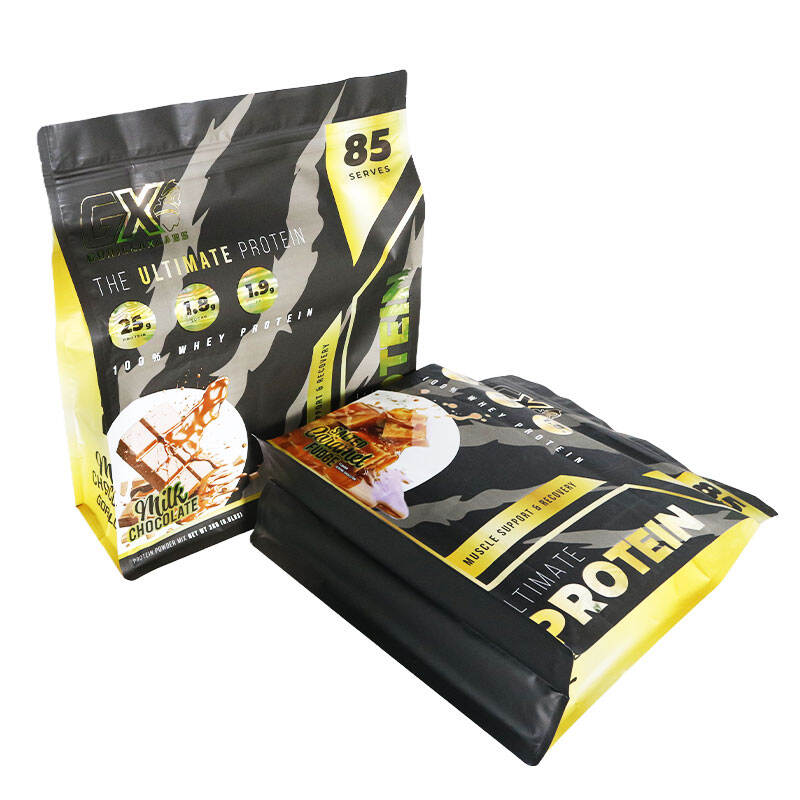 Custom Printed Aluminum Foil Flat Bottom Stand up Pouch Chocolate Milk Whey Protein Powder Packaging Plastic Mylar Bag