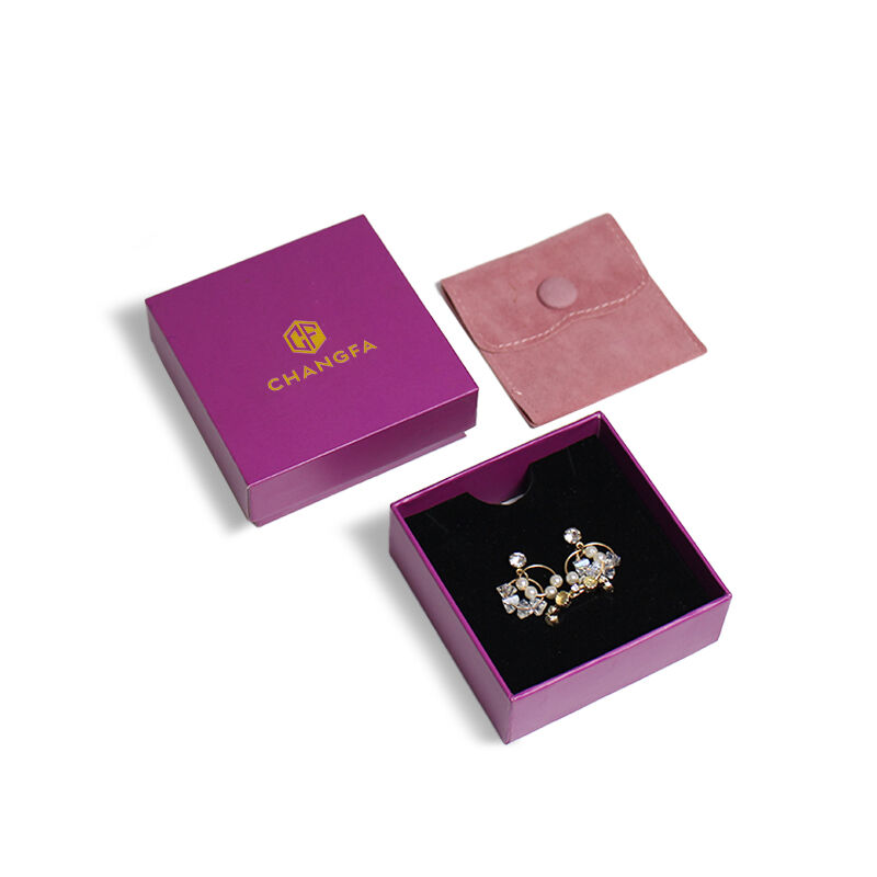 Hộp trang sức bằng giấy tím in CF, hộp có nắp tháo rời kèm hộp đóng gói cổ