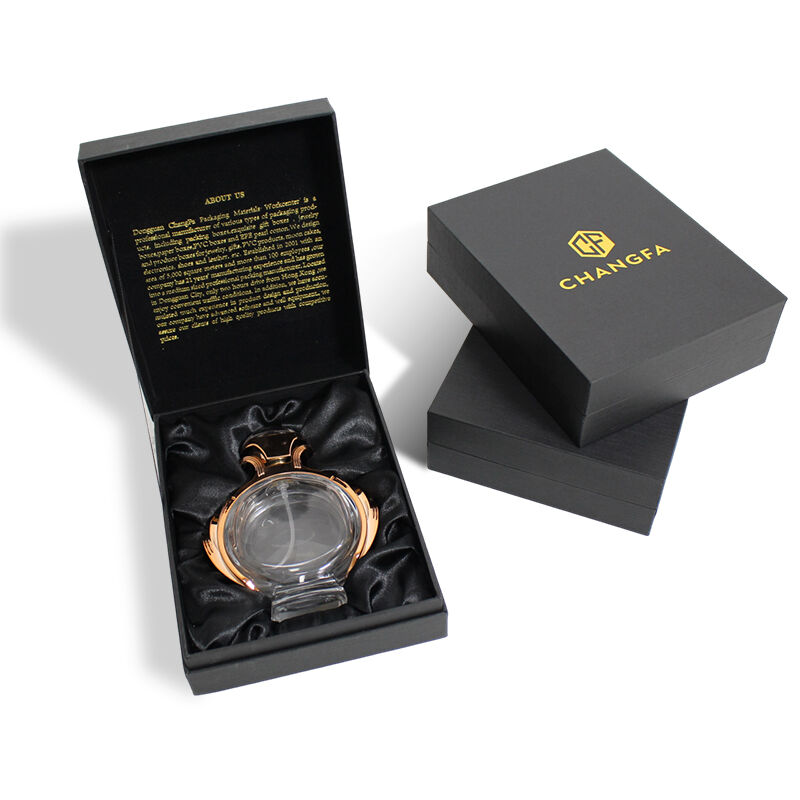 Scatola a conchiglia in cartoncino nero per profumi con inserto in velluto e schiuma