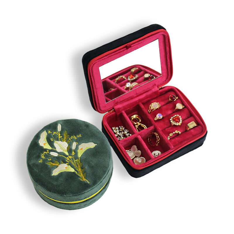 Luksuzna baršunasti nakit skladištenje kućište s vezanjem zipper zatvaranje ugrađen u ogledalo i komore za prstenje naušnice nakit kutija