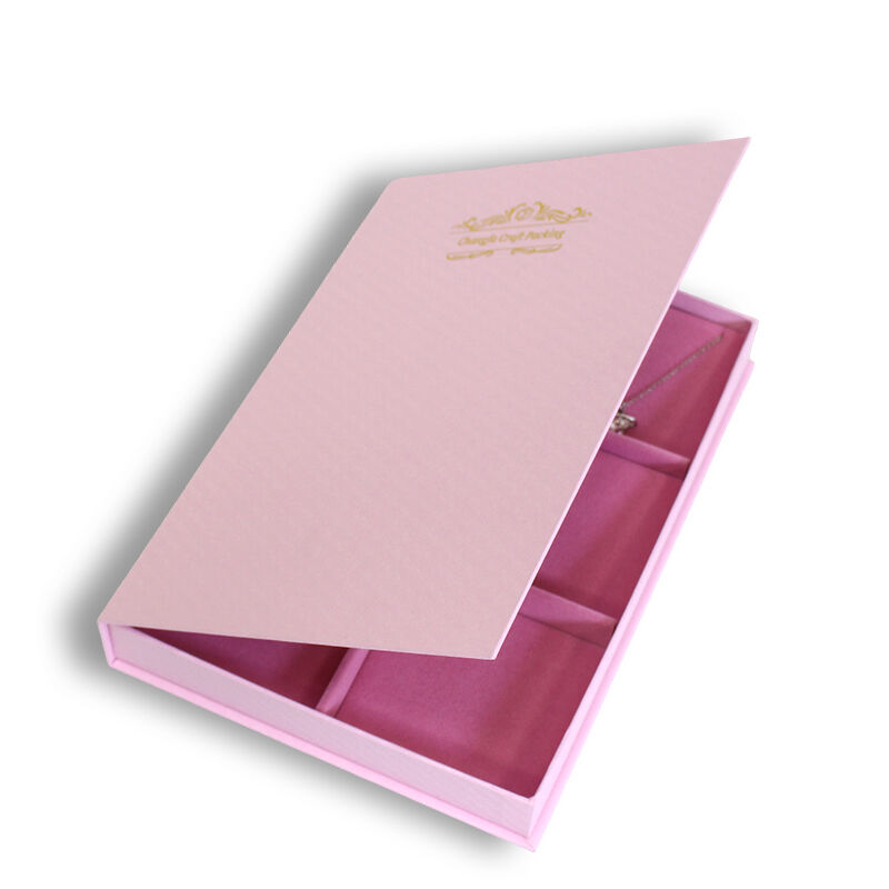 Индивидуальная розовая магнитная откидная ювелирная коробка CF с логотипом в золотой фольге и бархатной подкладкой, многосекционная коробка для хранения ожерелий и серёжек