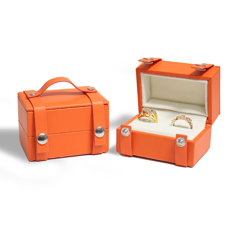 Eleganckie pomarańczowe skórzane pudełko na biżuterię CF z uchwytem, etui do przechowywania i prezentowania pierścieni oraz drogocennych akcesoriów