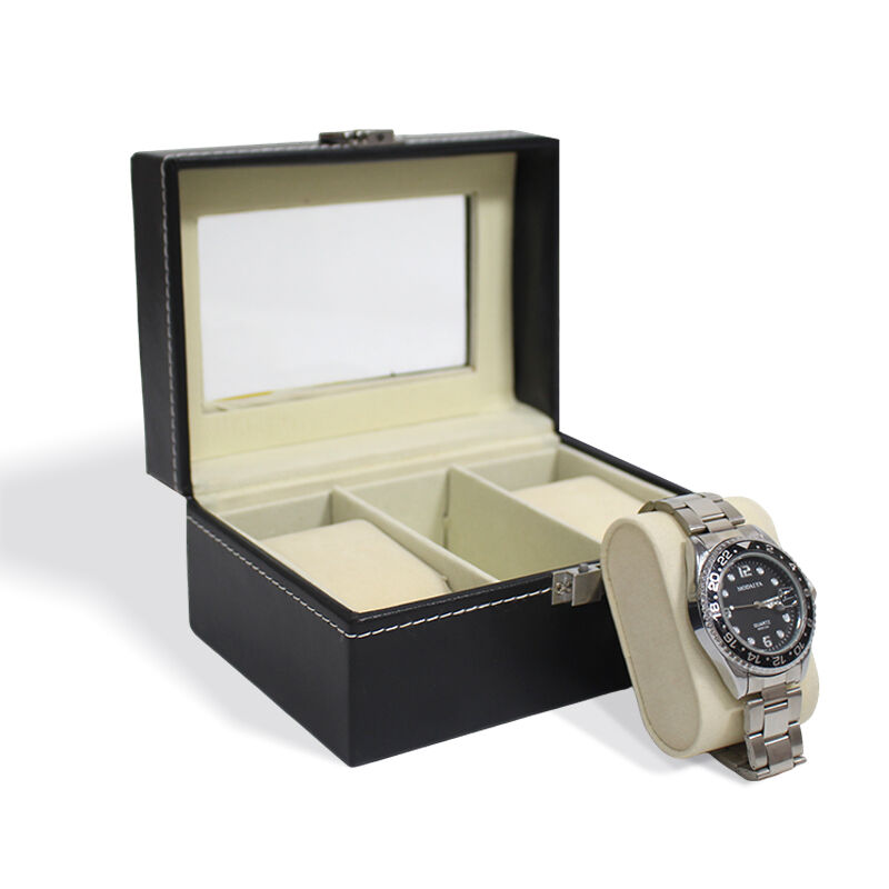 علبة تغليف ساعات فاخرة من الخشب والجلد الصناعي CF مع إدراج وسادة بثلاثة أماكن