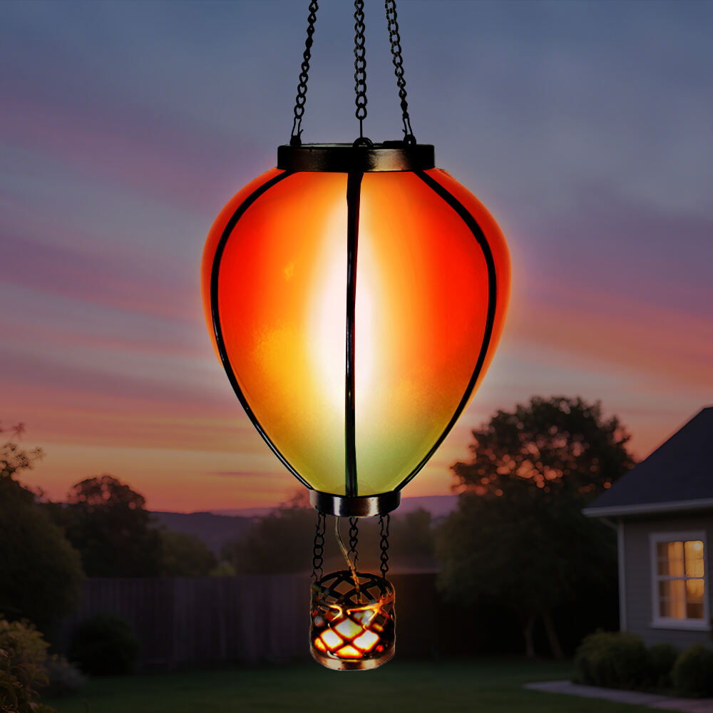 Garden Outdoor Porch Courtyard Stained-glass LED Flashing Flame Lamp Chandelier Solar Hot Balloon