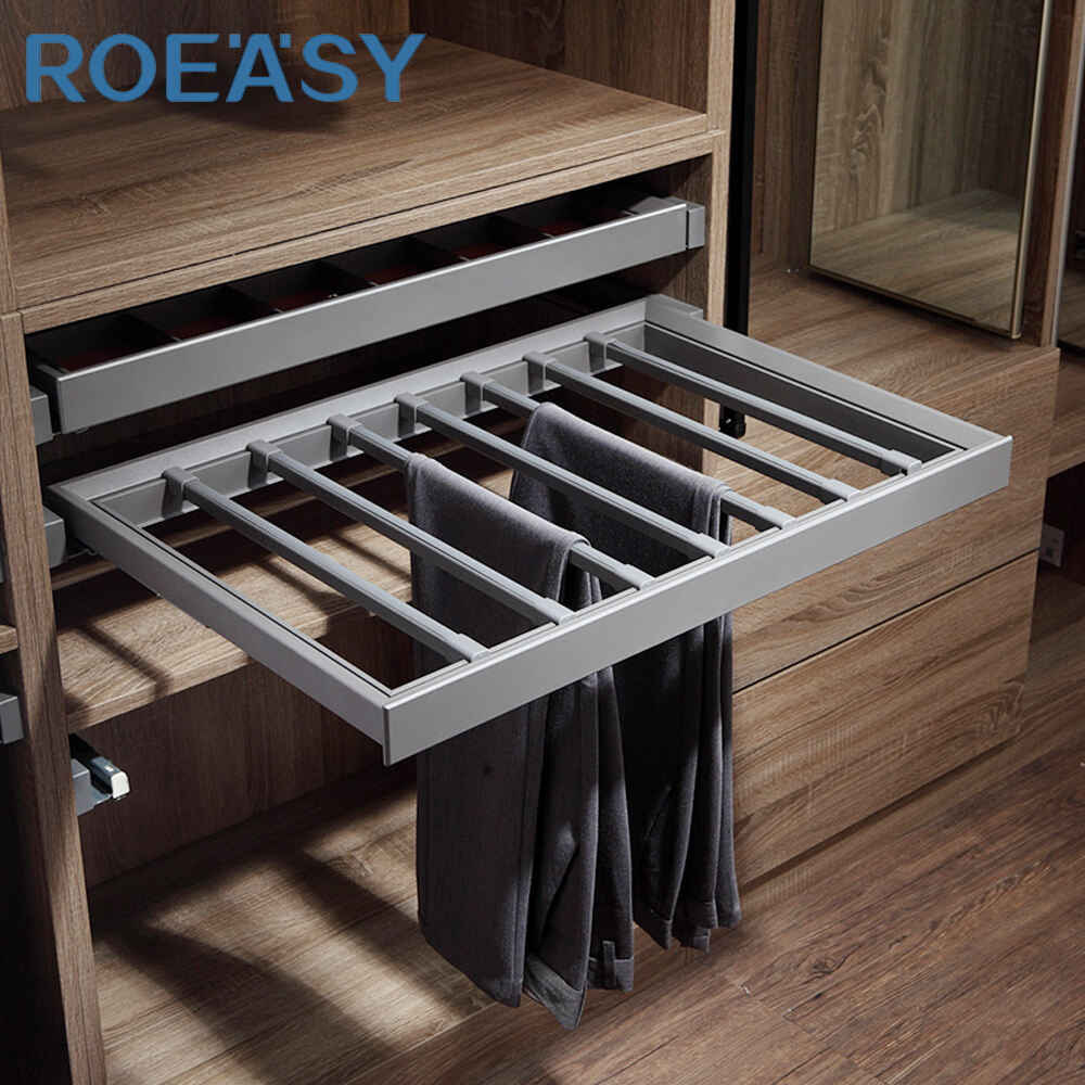 ROEASY R8005D R8005G Hylife Series Mocha & Gray Movable Rod Pants Rack Wardrobe Organizer Pull Out Trouser Storage Rack 
