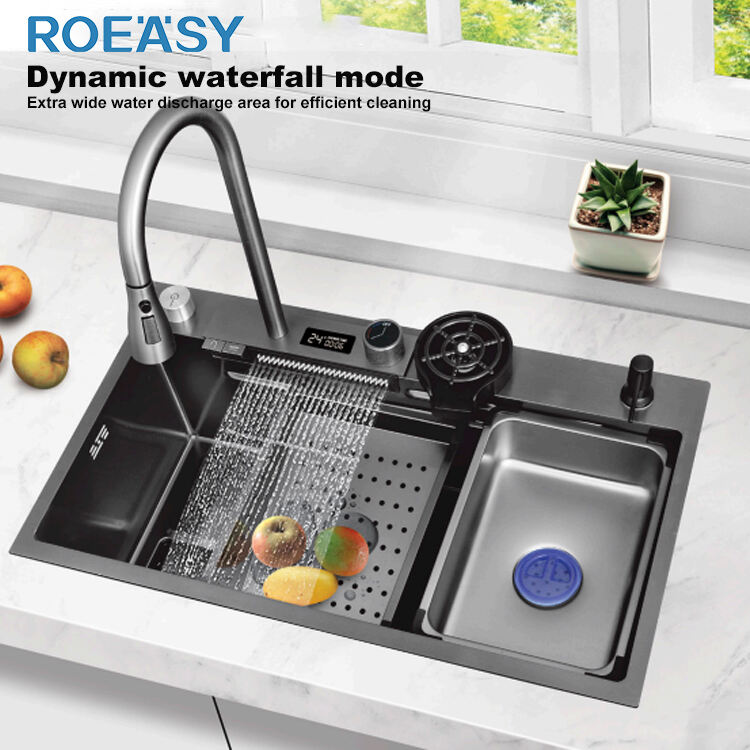 New product recommendation | ROEASY black and silver waterfall type 304 stainless steel kitchen sink with faucet