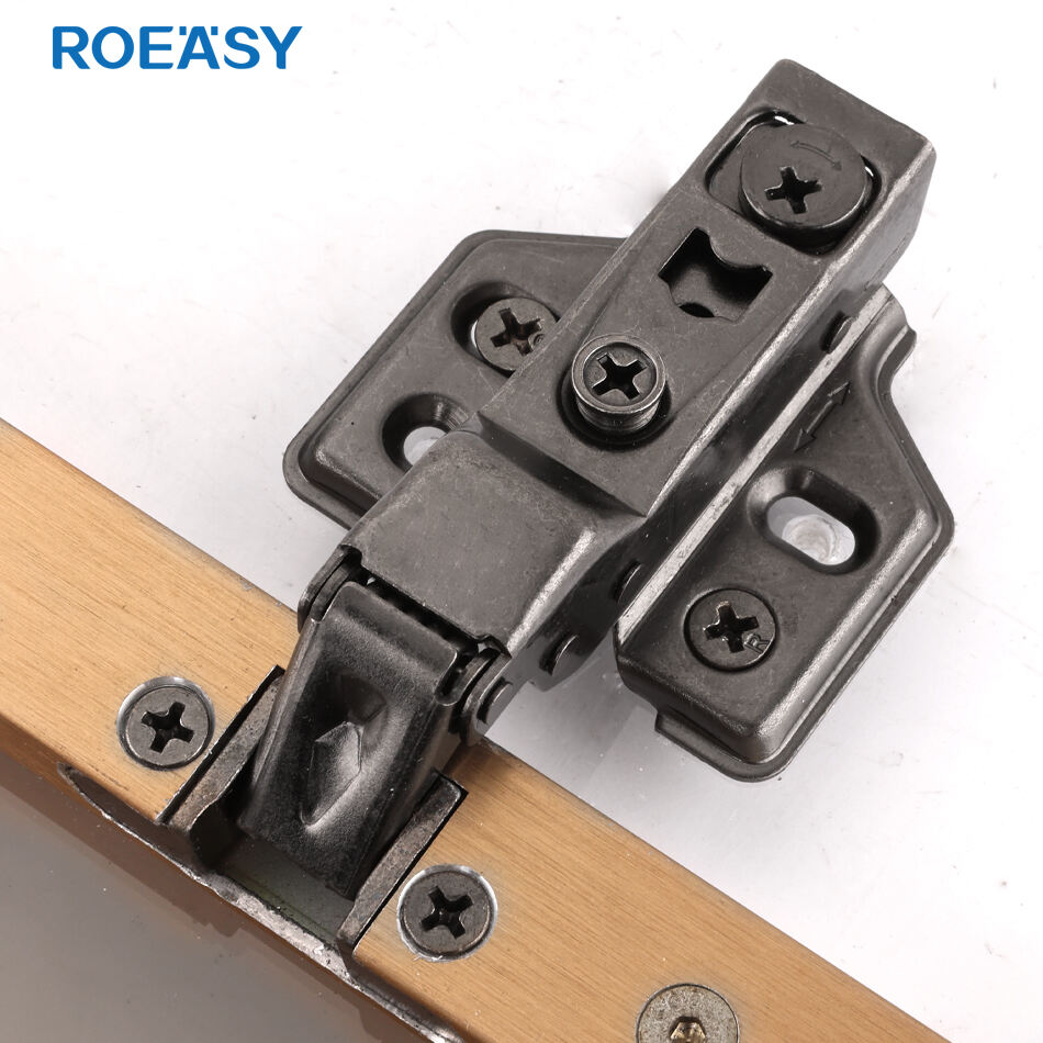 ROEASY Furniture Cabinet Glass Door Hinges Fixed Type 8 Crank Half Overlay Black Nickel Aluminum Frame Hydraulic Hinge