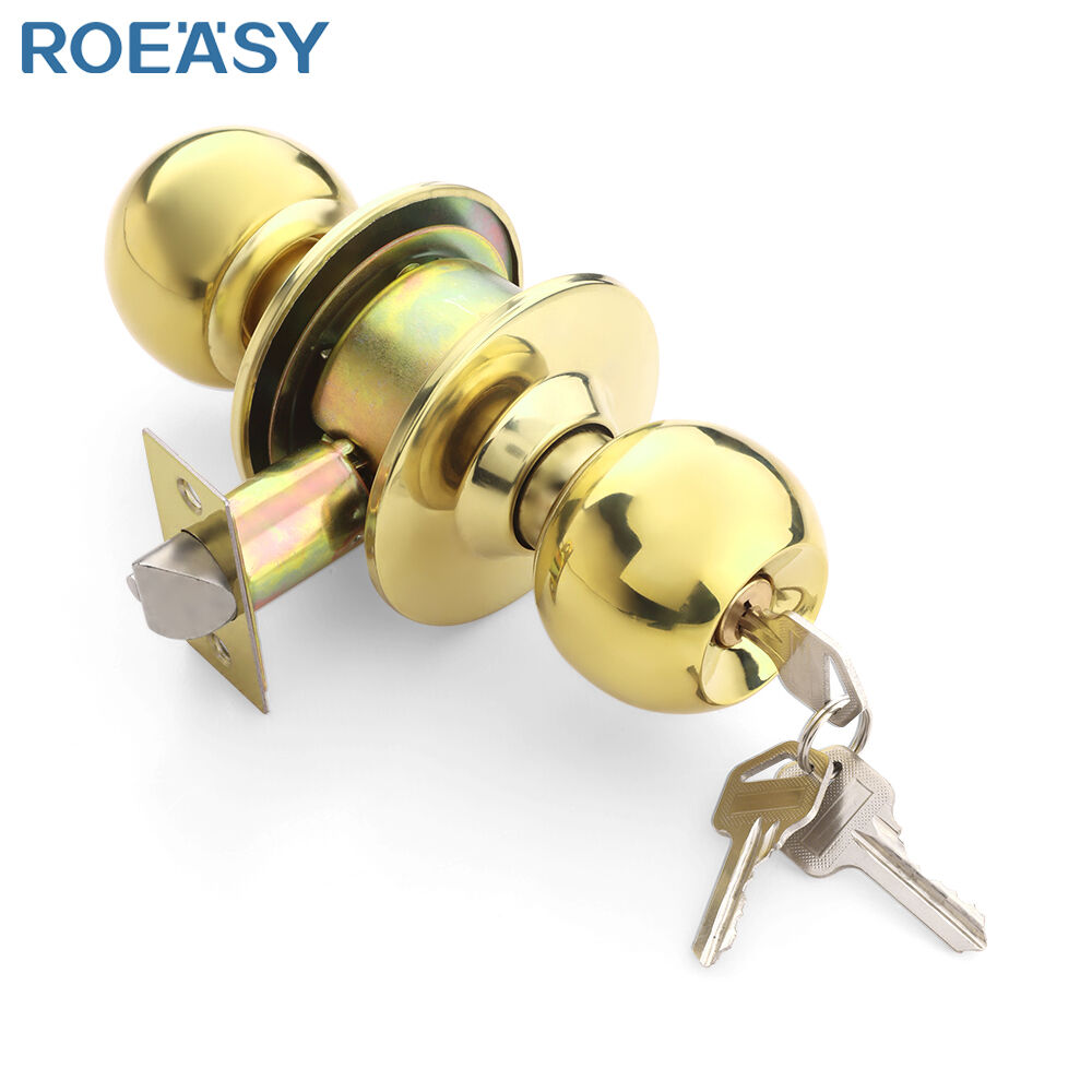 Serrure pour porte d’entrée ROEASY 587-GP-ET, couleur or, poignée sphérique ronde, serrure cylindrique à poignée pour portes en bois