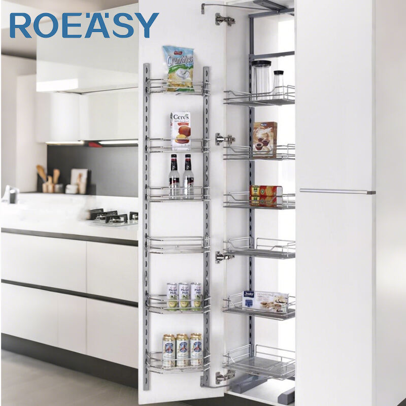 ROEASY DNH45 / DNH60 Modern Design Tall Kitchen Storage Cabinet Organizer Pull-Out Wire Baskets Soft-Closing Tall Pantry Unit