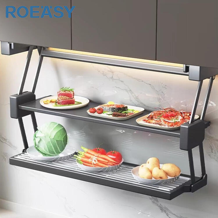 ROEASY Aluminium Pull-out Kitchen Storage Rack Foldable Seasoning Cabinet with Hanging Basket Organizer Shelf