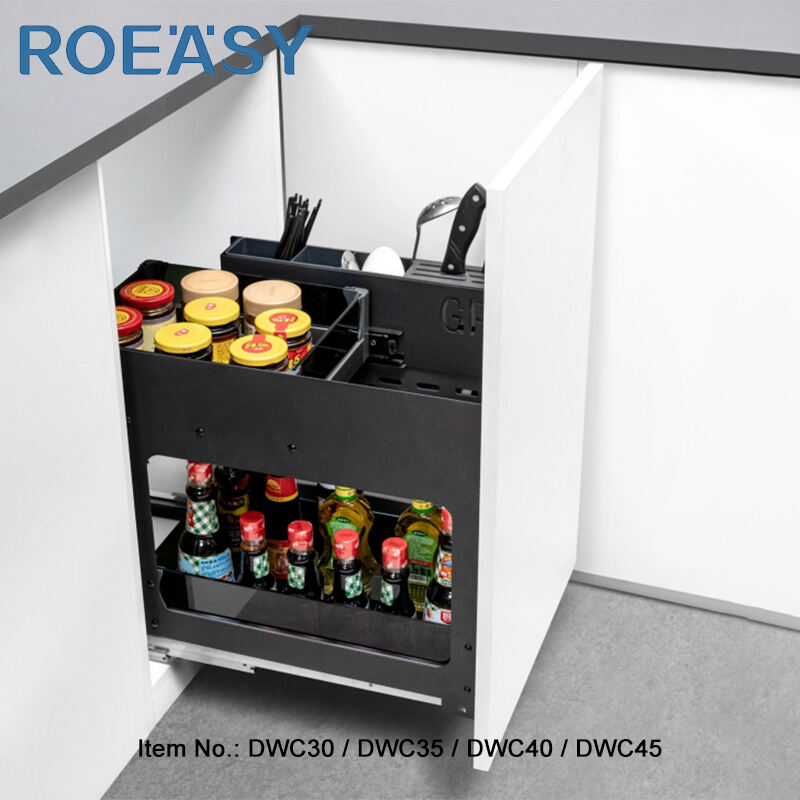 ROEASY DWC30 35 40 45 주방 캐비닛 수납 랙 현대식 주방 선반 완제품 가정 및 주방 수납 정리대 당김식 푸드 팬트리 2단 주방 매직 코너 바구니