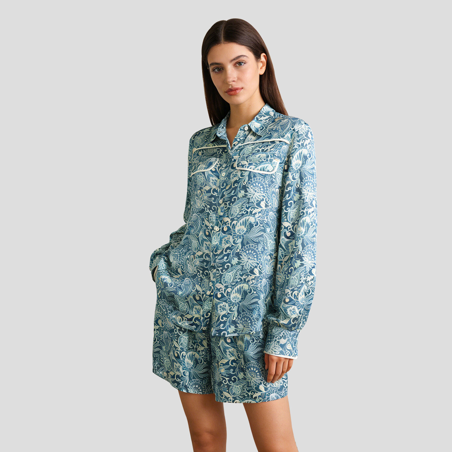 Custom 100% Mulberry Silk Sleepwear Silk Loungewear silk set shorts and tops for Home Hotel Daily