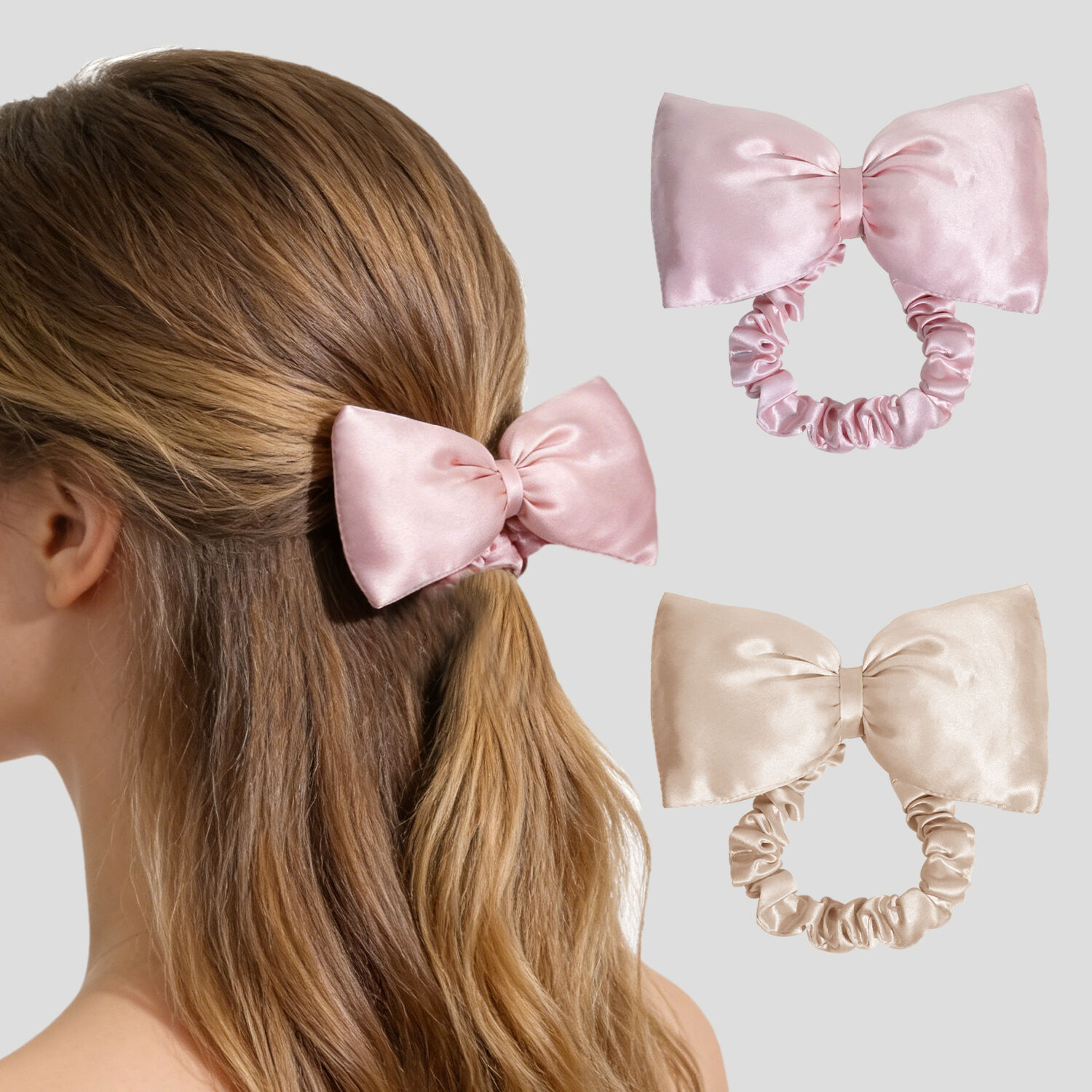 Wholesale Custom LOGO and Size 100% Mulberry Silk Bow Hair Scrunchies Luxury Hair Accessories Bulk Supply