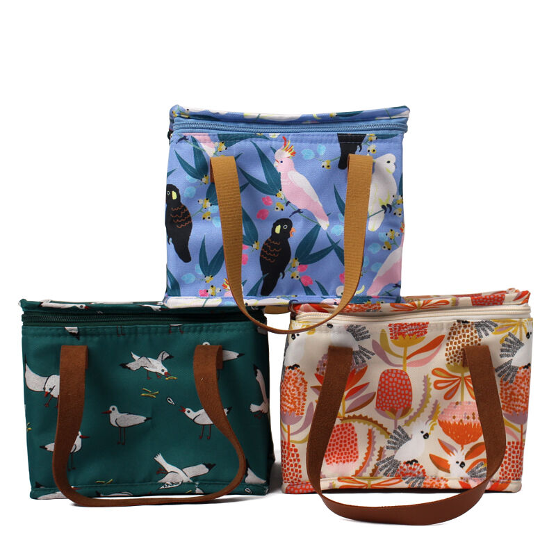 Bolsa refrigerada aislada personalizada con asas de cuero y tejido Oxford – Elegante bolsa térmica con estampado de aves y flores