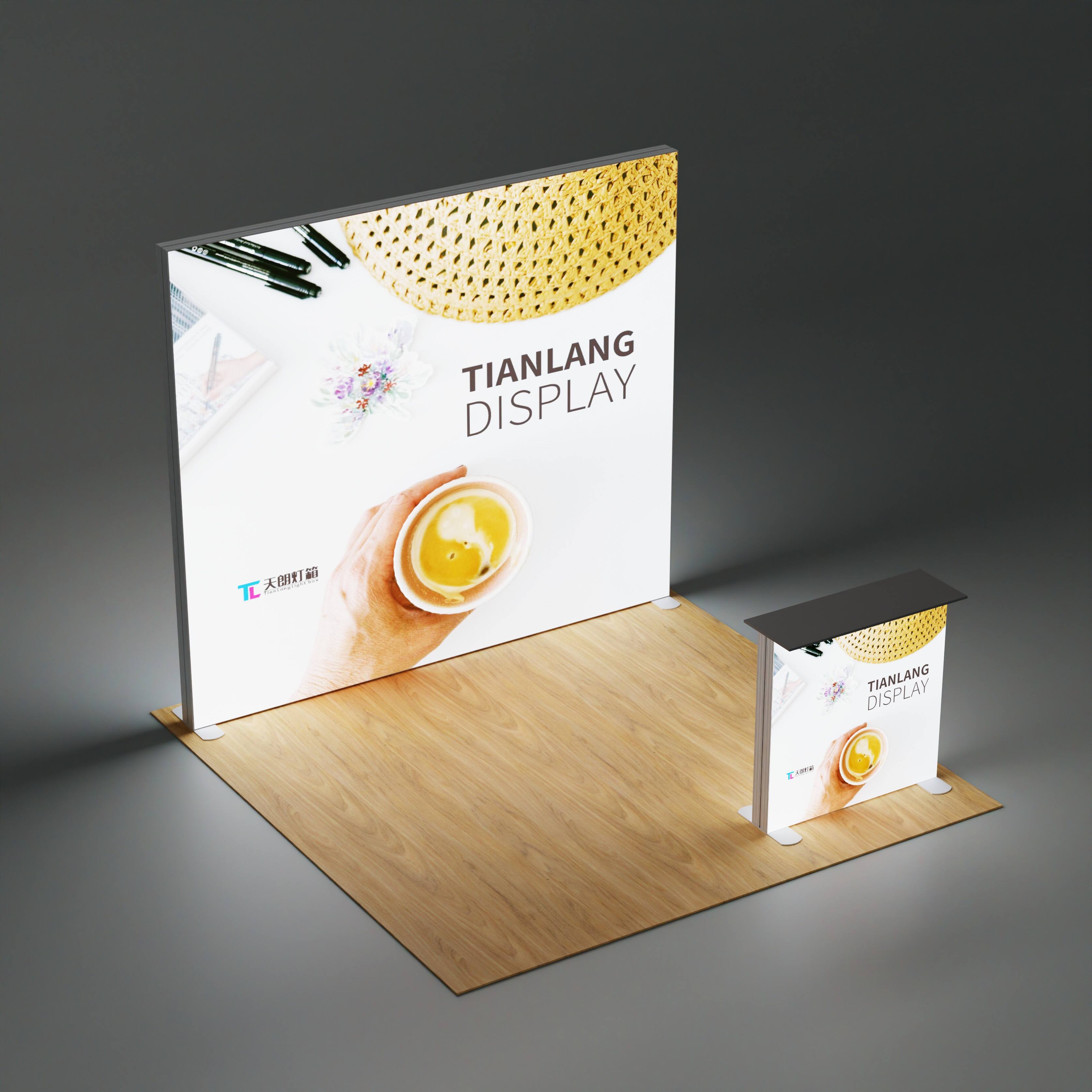 TianLang 3 m × 3 m parodos stendas su apšviestu skydu – 3 atviros pusės, prekių paroda