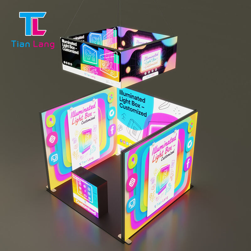 Portátil y Fácil Instalación de Caja de Luz para Techo Impresa con Sublimación de Tinta Exhibidor para Publicidad para Colgar en Stand de Feria Doble Cara Caja de Luz Exhibición Retroiluminada Diseño de Stand Portátil