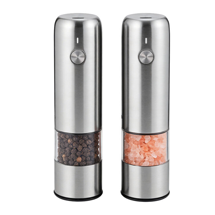 Minimalist Mini Electric Salt and Pepper Mill Grinder Set Handheld Refined Stainless Steel Pepper Grinder Stylish Wooden Holder