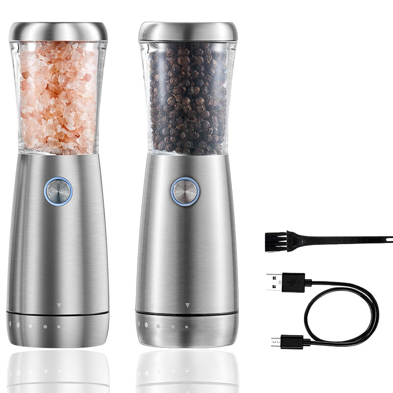 Pengisar Garam dan Lada Logam Berkualiti Tinggi dan Mampan, Jenis Luaran dengan Larasan Manual, Pengisar Garam dan Lada Elektrik Jenis-C dengan Lampu LED