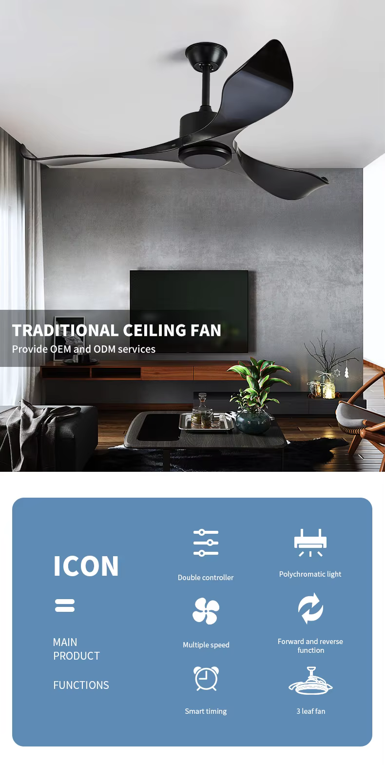 52 Inch Modern LED Lighting Remote Control  Black Ceiling Fan Without Light manufacture