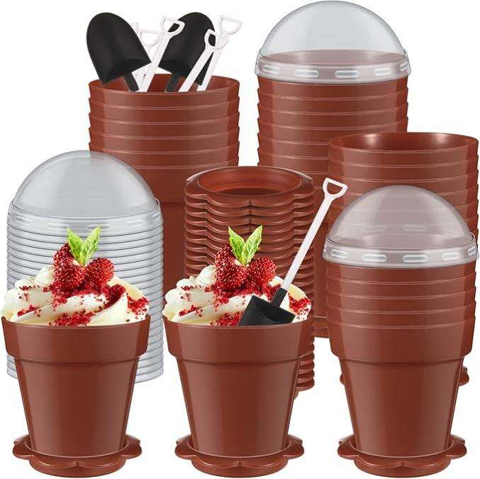 כוסות דסרט CH73 170ml בצורת חבית לצמחים למוס, כוס קייק פלסטיק בצבעים מותאמים עם כובעים ומזלגות