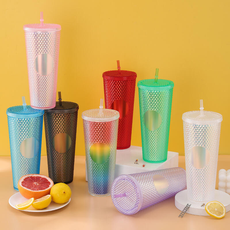 24oz Double Wall Matte Tumbler Custom Plastic Studded Tumbler with Straw & Lid