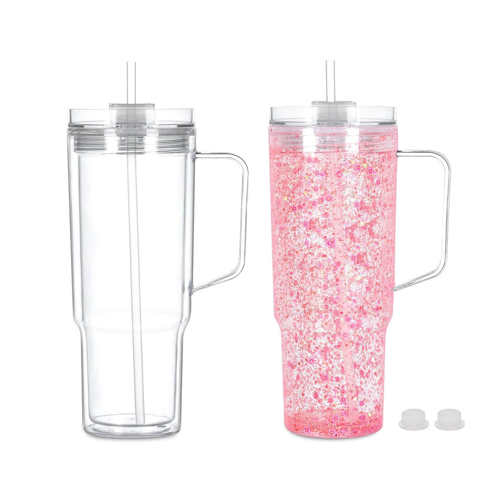 40oz Plastic Pre-drilled Clear Snow Globe Tumbler With Handle