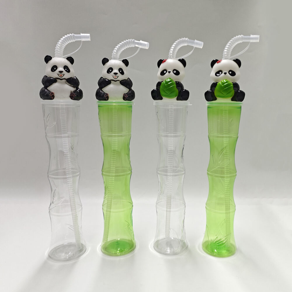 16oz Plastic green bamboo shaped yard cups with 3D panda cartoon lid