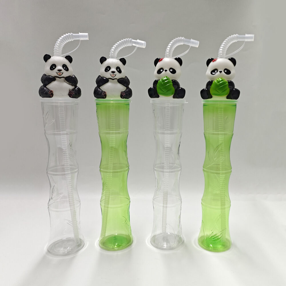 16oz Bamboo-Shaped Plastic Yard Cups with 3D Panda Lid - BPA-Free, Reusable